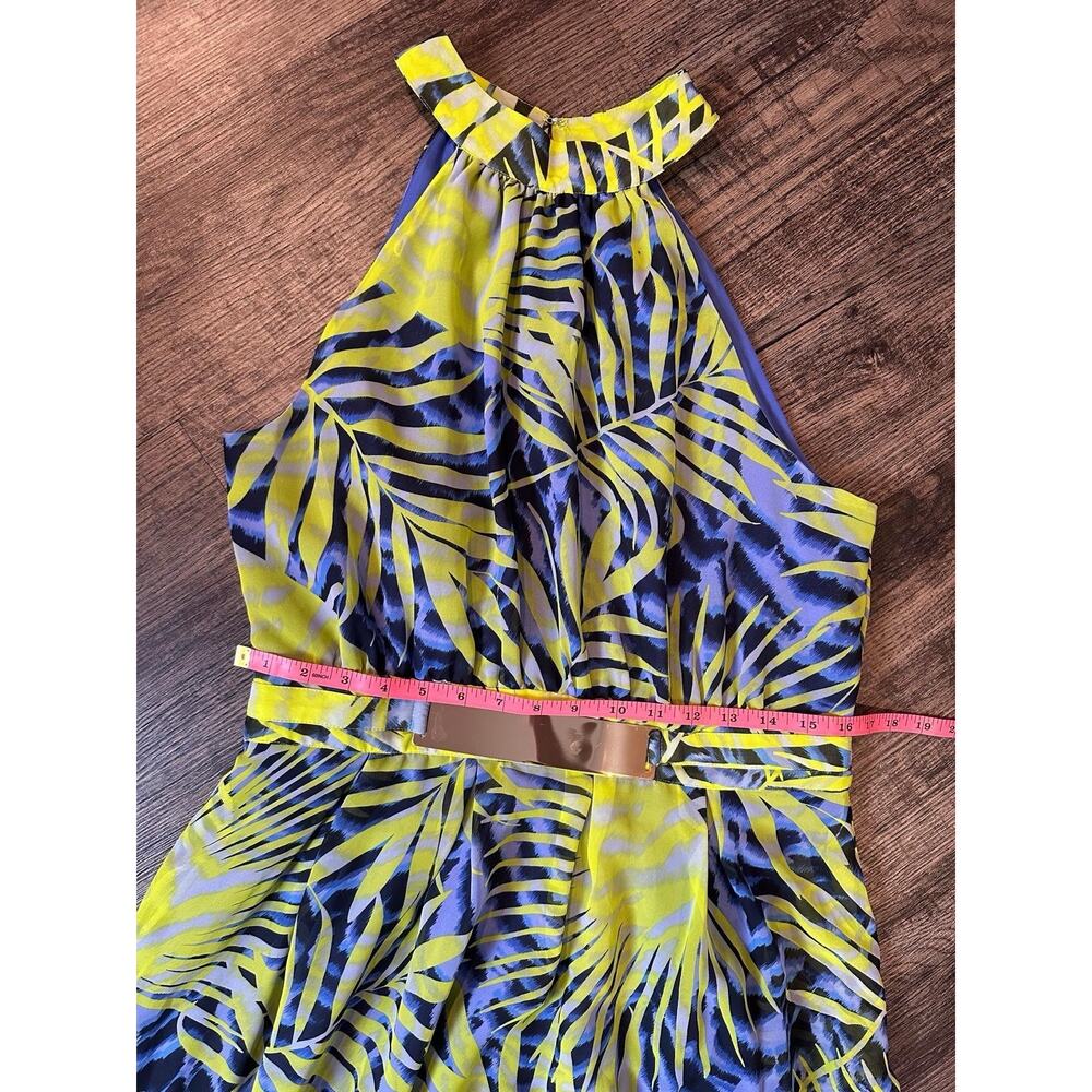 GUESS by Marciano Womens L Tropical Halter Maxi Dress Gold Belt Blue Yellow - Picture 4 of 13